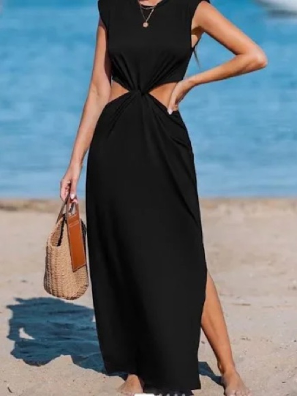 Sleeveless Black Cutout Maxi Dress - Stylish Summer Dress with shoulder pads